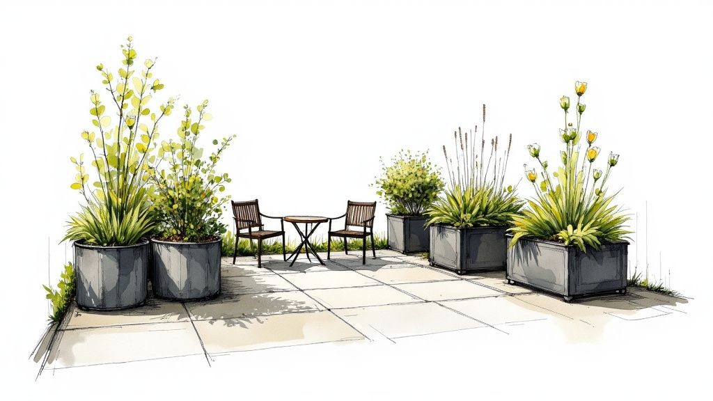 Modern patio design with large planters, outdoor furniture, and decorative grasses on pavers