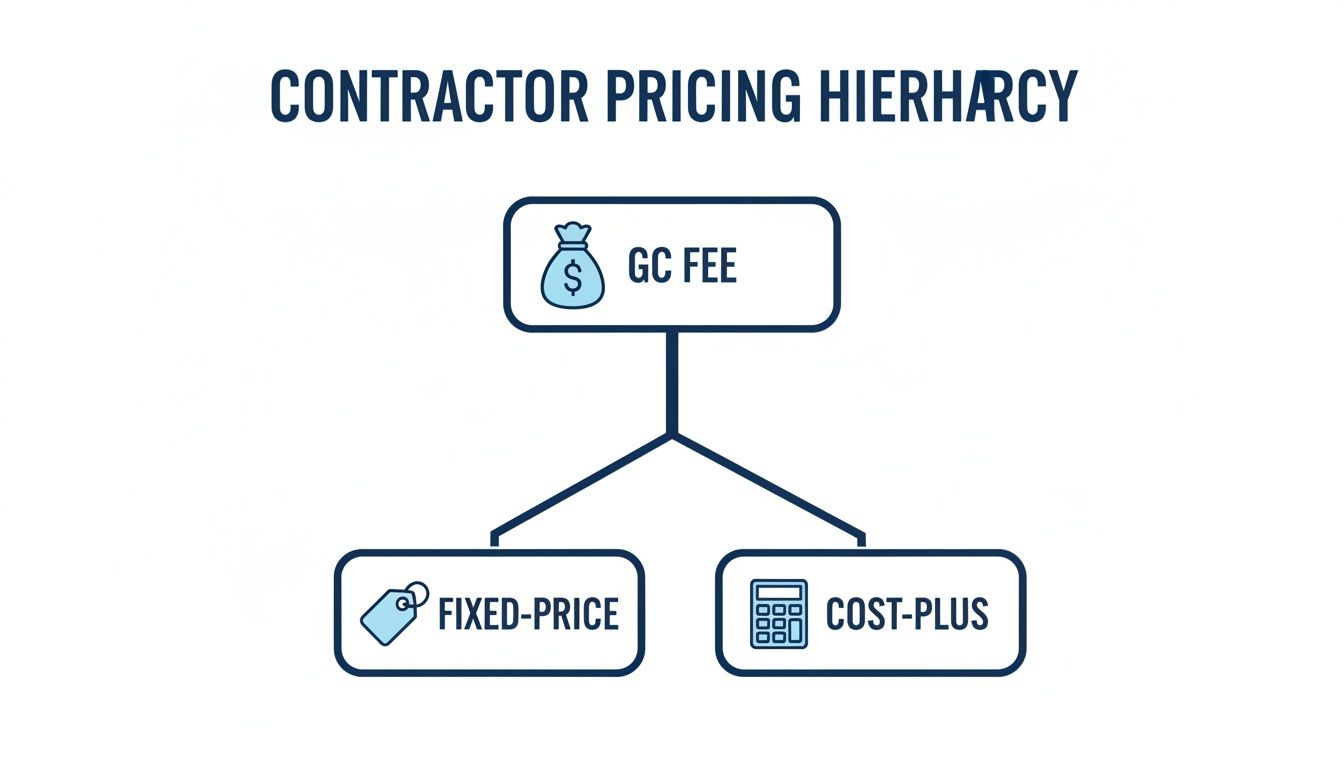 Contractor pricing hierarchy diagram showing General Contractor (GC) fee, fixed-price, and cost-plus models.