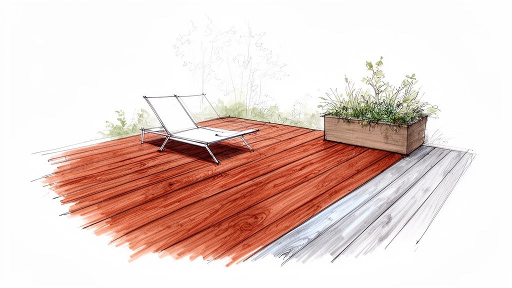 Sketch of a modern outdoor deck featuring a lounge chair and a wooden planter box with plants.