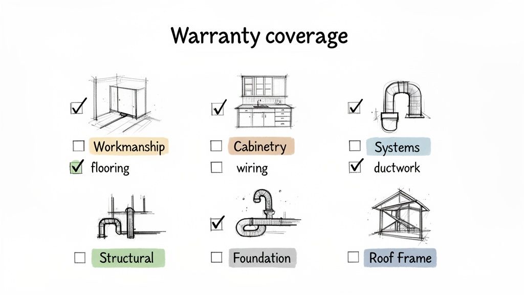 A warranty coverage checklist for home components, showing checked and unchecked items like flooring and ductwork.