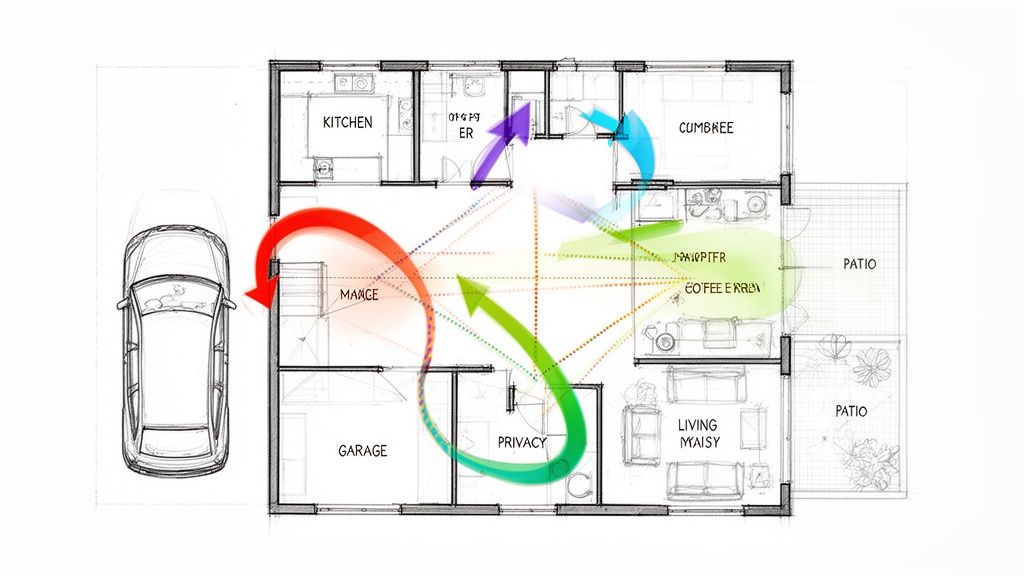A detailed floor plan of a house, featuring room labels, a car, and colored arrows depicting movement patterns.