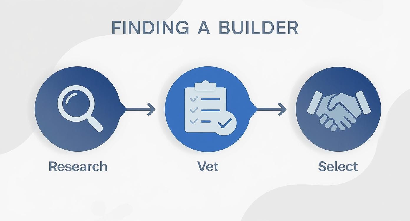 A three-step infographic showing how to find a builder: research, vet, and select.