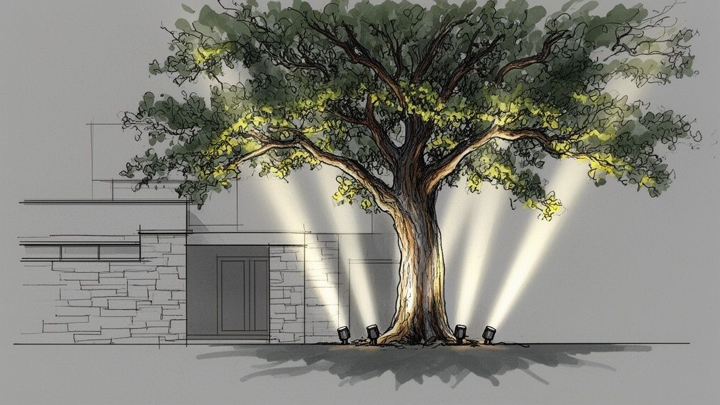 A detailed sketch of a large tree dramatically lit from below by outdoor landscape lights, next to a building.