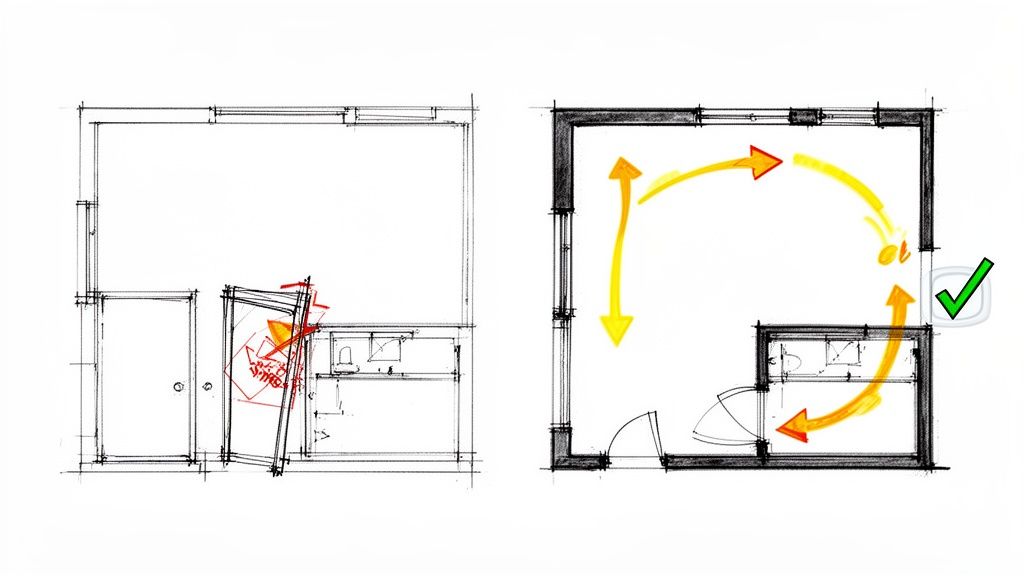 Two floor plan sketches comparing problematic and optimized kitchen or bathroom layouts for improved flow.
