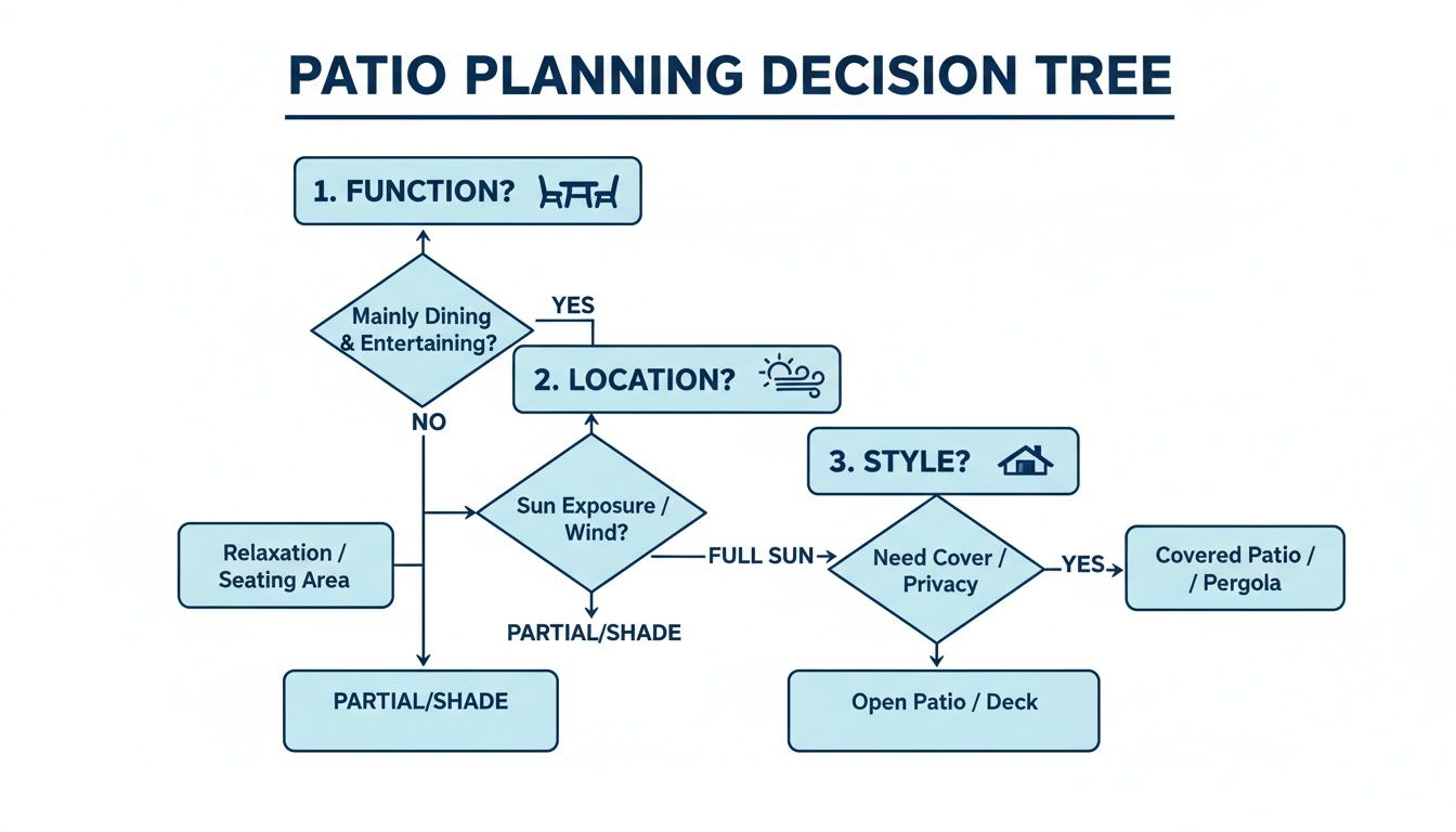 A detailed flowchart outlining a patio planning decision tree based on desired function, location, and style choices.