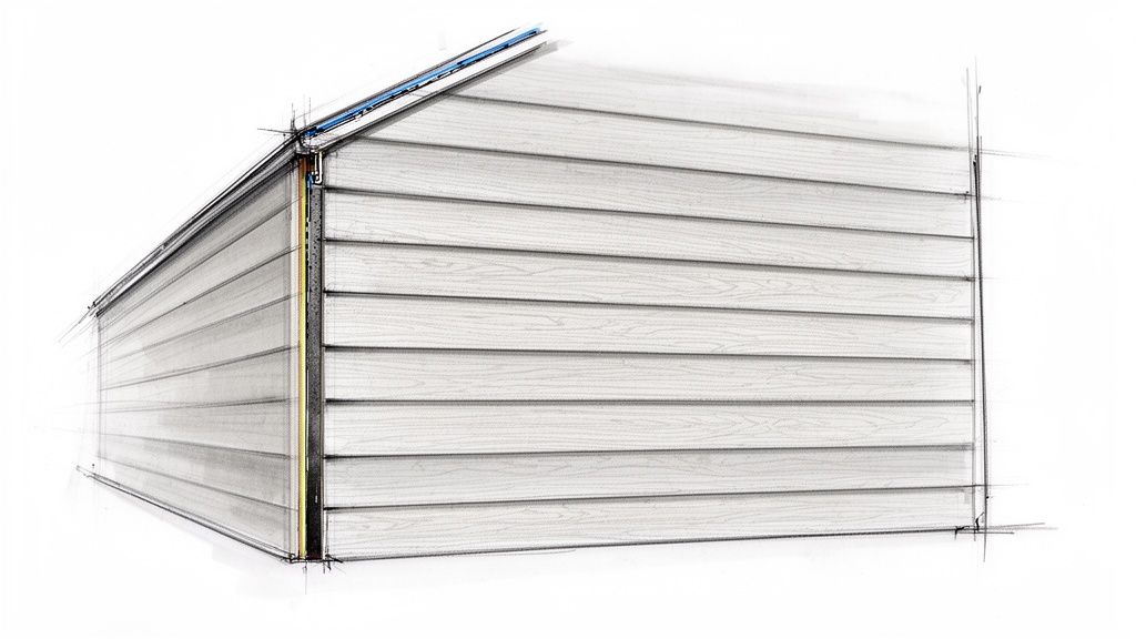 Architectural sketch of a building corner, featuring light horizontal shiplap siding and roof eave details.