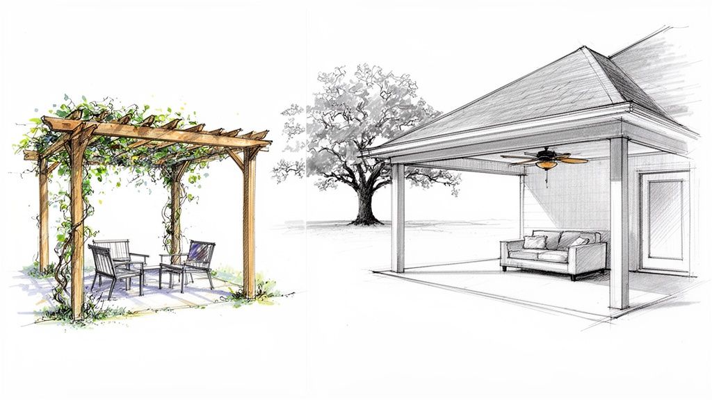 Architectural sketch comparing a vine-covered wooden pergola with an outdoor covered patio featuring a fan and sofa.