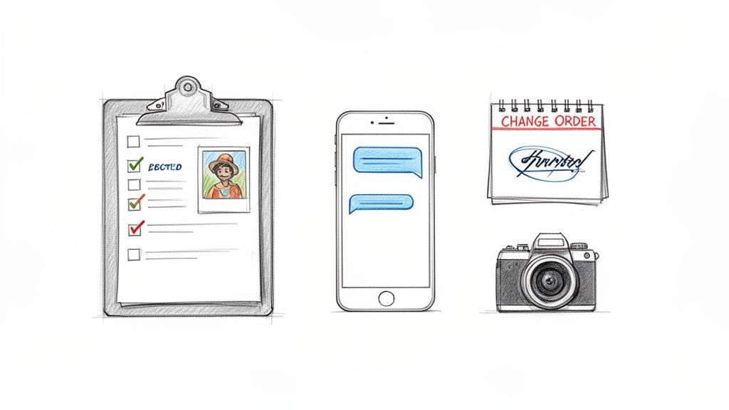 Visual tools for construction dispute resolution: a checklist, smartphone, change order document, and camera.