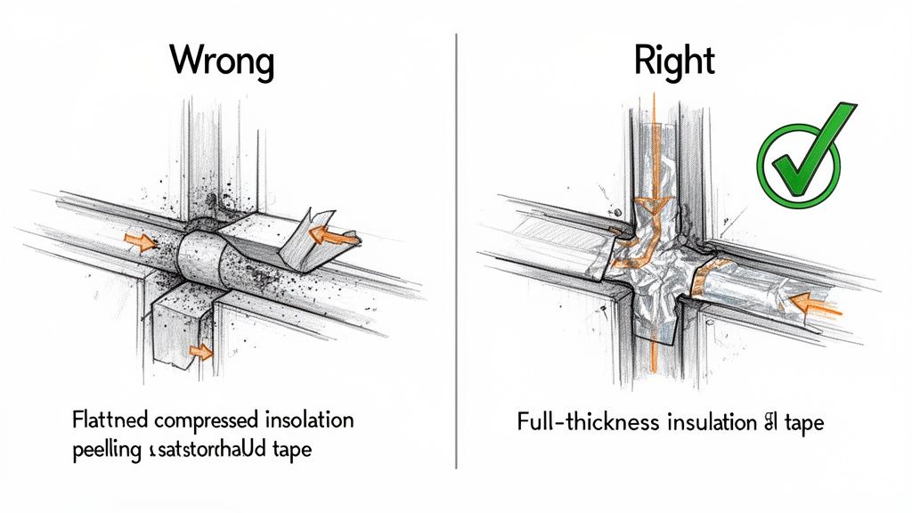 Diagram showing correct full-thickness insulation and secure tape versus flattened, peeling insulation on HVAC ducts.