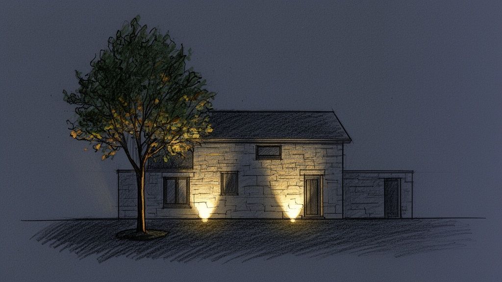 A nighttime sketch of a house with two uplights illuminating its stone facade and a nearby tree.