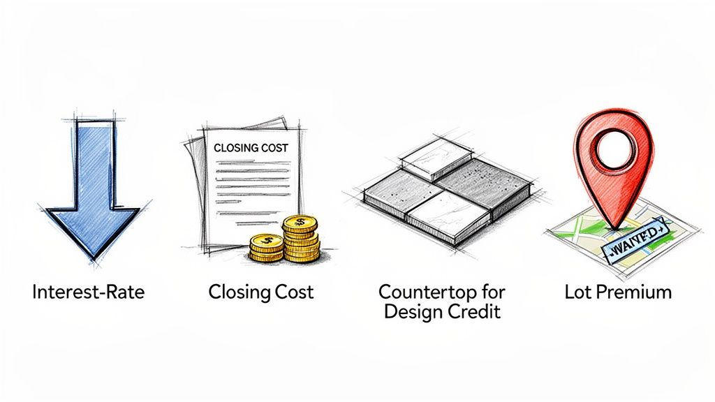 Sketched icons representing new home builder incentives: lower interest rates, closing cost assistance, design credit, and waived lot premium.