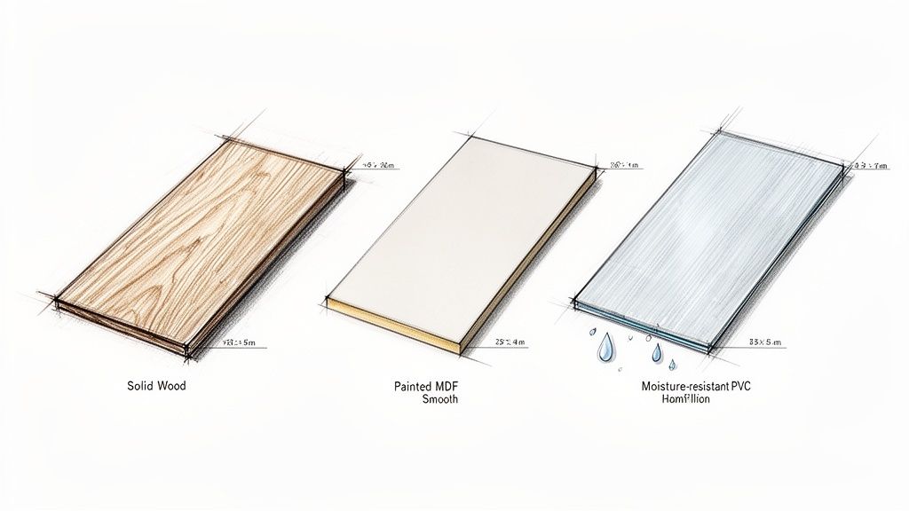 Sketches illustrating three types of construction panels: solid wood, painted MDF, and moisture-resistant PVC with dimensions.