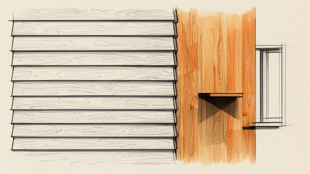 Architectural sketch showing horizontal white wood siding, vertical reddish planks, a small shelf, and a window.