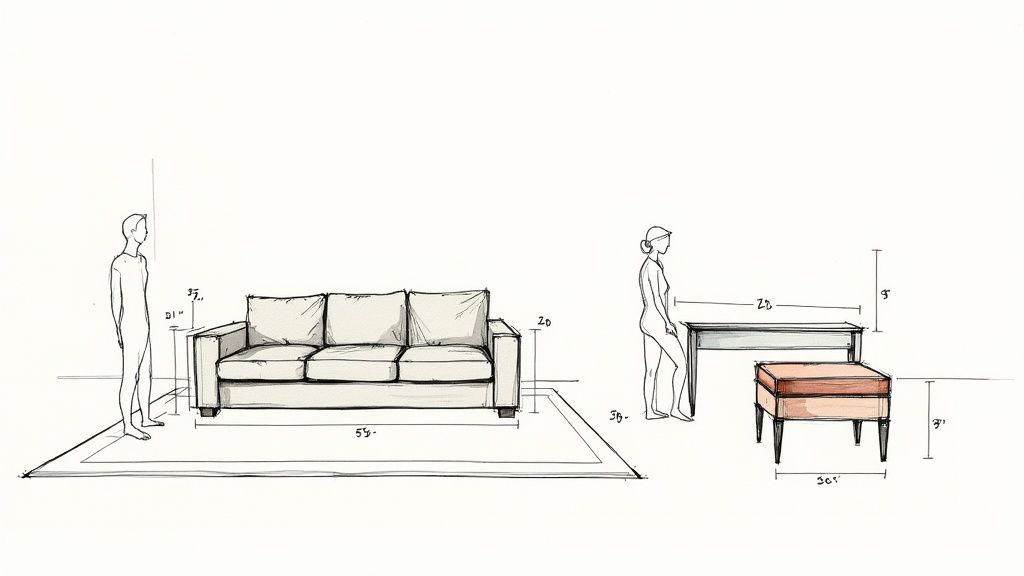 Interior design sketch showing furniture dimensions with sofa, console table, and ottoman measurements