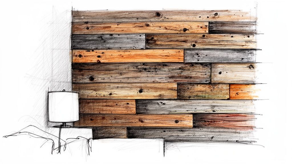 Sketch of a rustic wooden plank shiplap wall in varied colors with a lamp beside a bed.