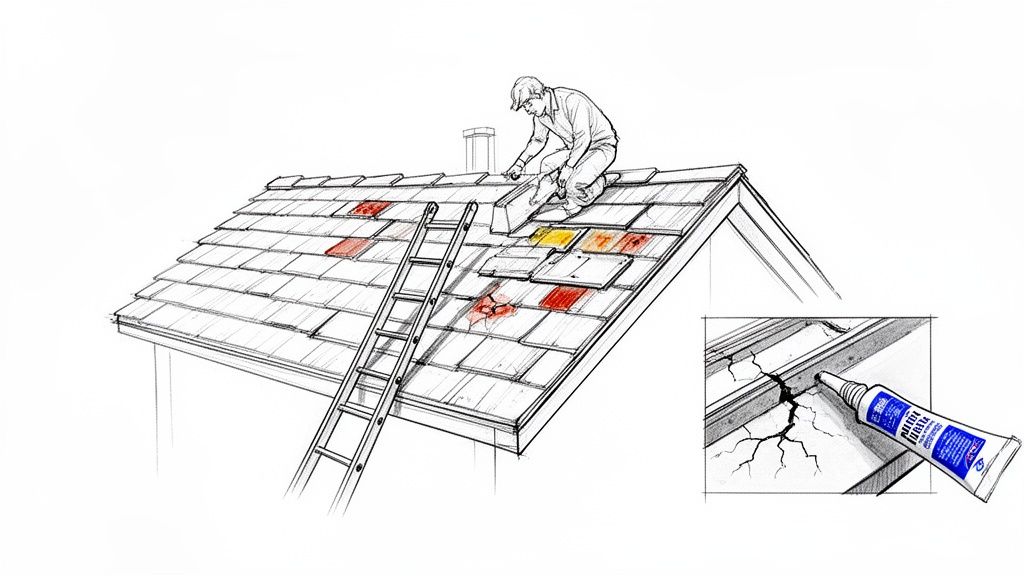 A person on a roof inspects damaged shingles, while a close-up shows a crack being sealed with caulk.
