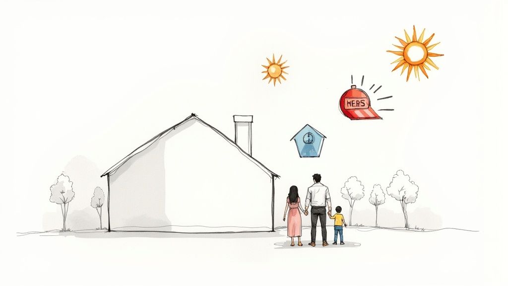 A family of three (man, woman, and child) stands admiring their dream home with various symbols overhead.