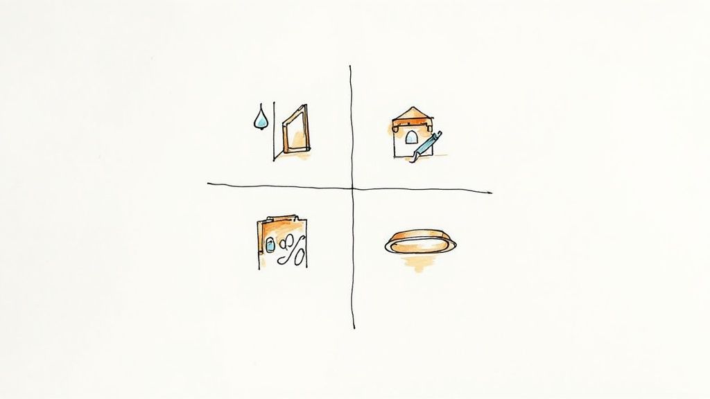 Four quadrant diagram showing basement ceiling finishing options including drywall, tiles, beams, and drop ceiling