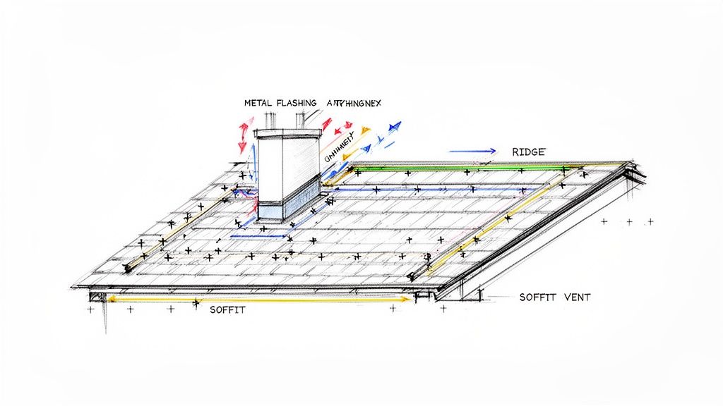 Architectural sketch illustrating roof ventilation, showing airflow from soffit vents to ridge and chimney.