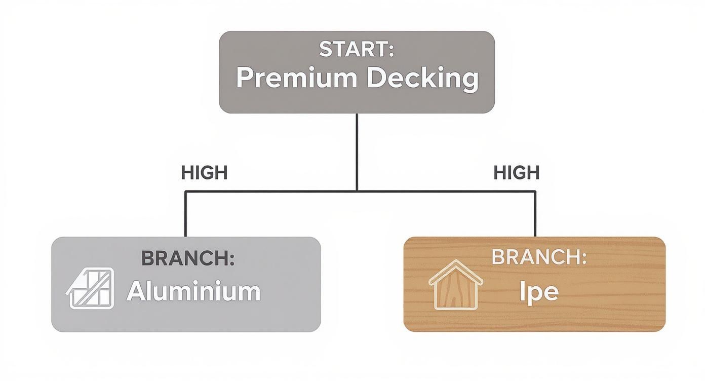 Flowchart showing premium decking material options: high-grade aluminum and ipe wood.