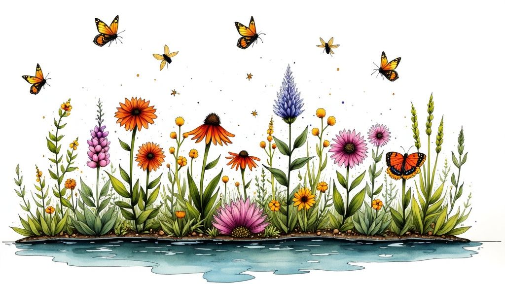 Watercolor illustration of a colorful wildflower garden with butterflies flying over a calm pond.