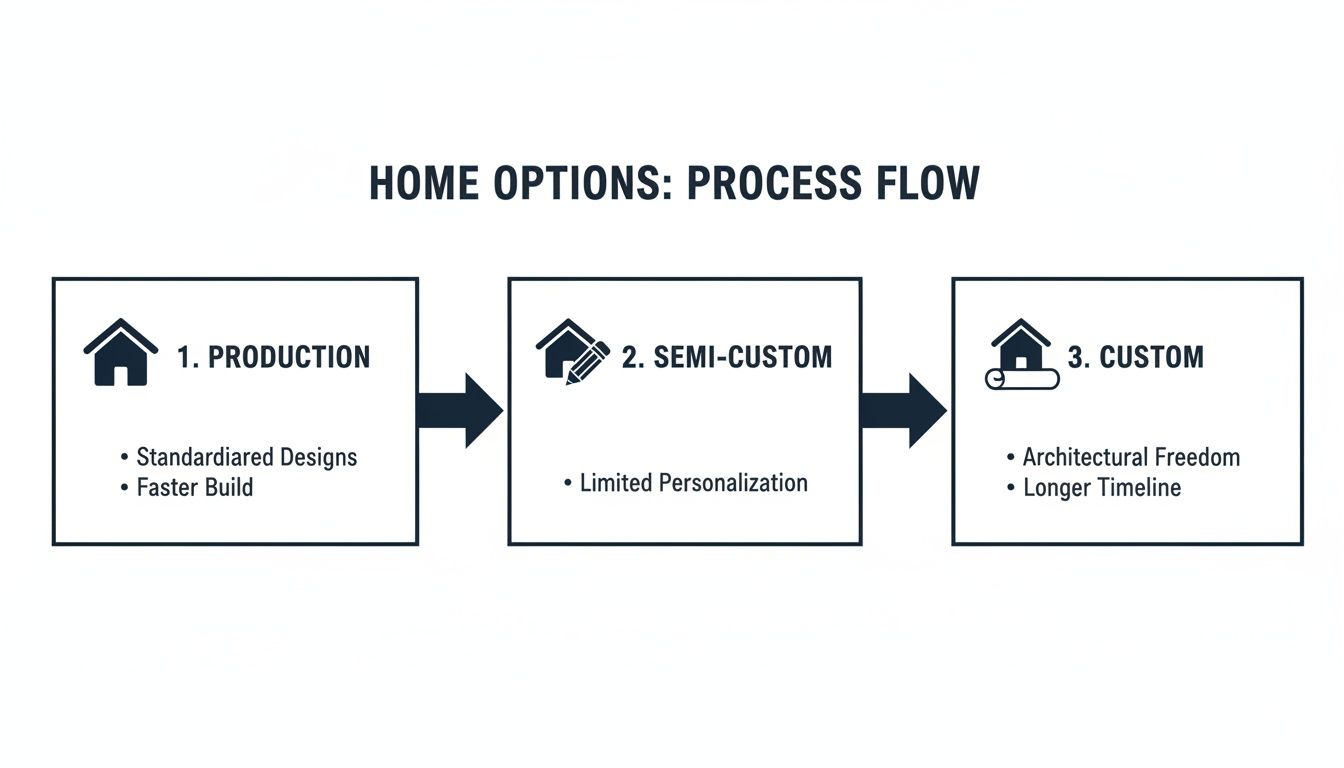 Flowchart illustrating home options: Production, Semi-Custom, and Custom, detailing features and process.