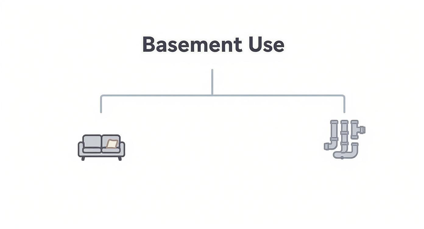 Diagram showing basement use options with living room furniture and plumbing system illustrations