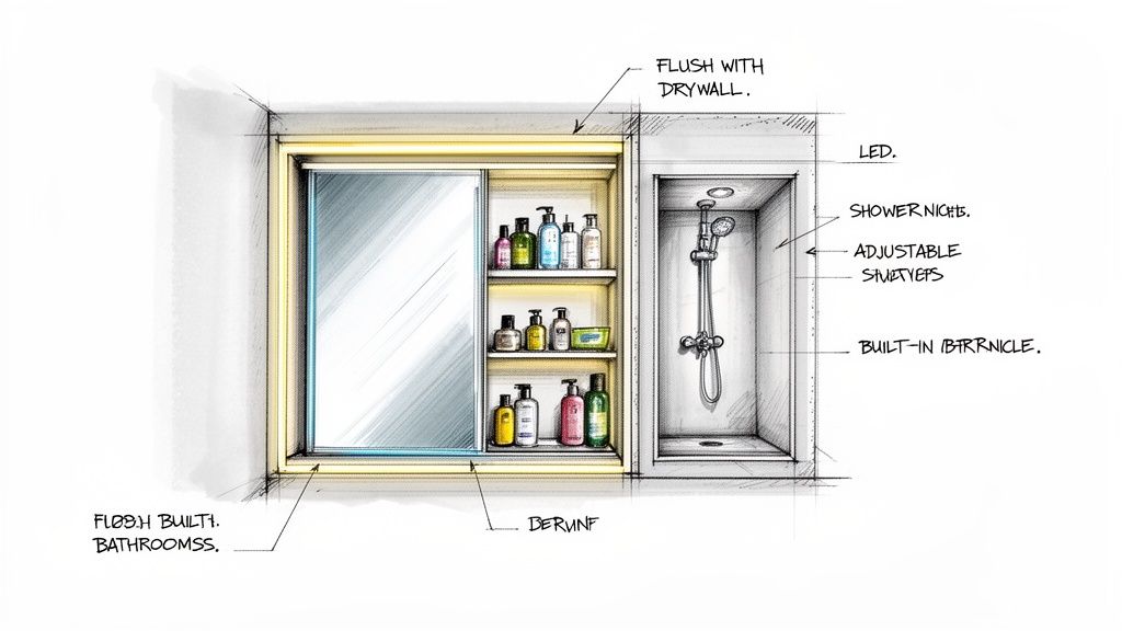 A detailed sketch of a bathroom showcasing a built-in mirrored cabinet and a modern shower niche with LED lighting.
