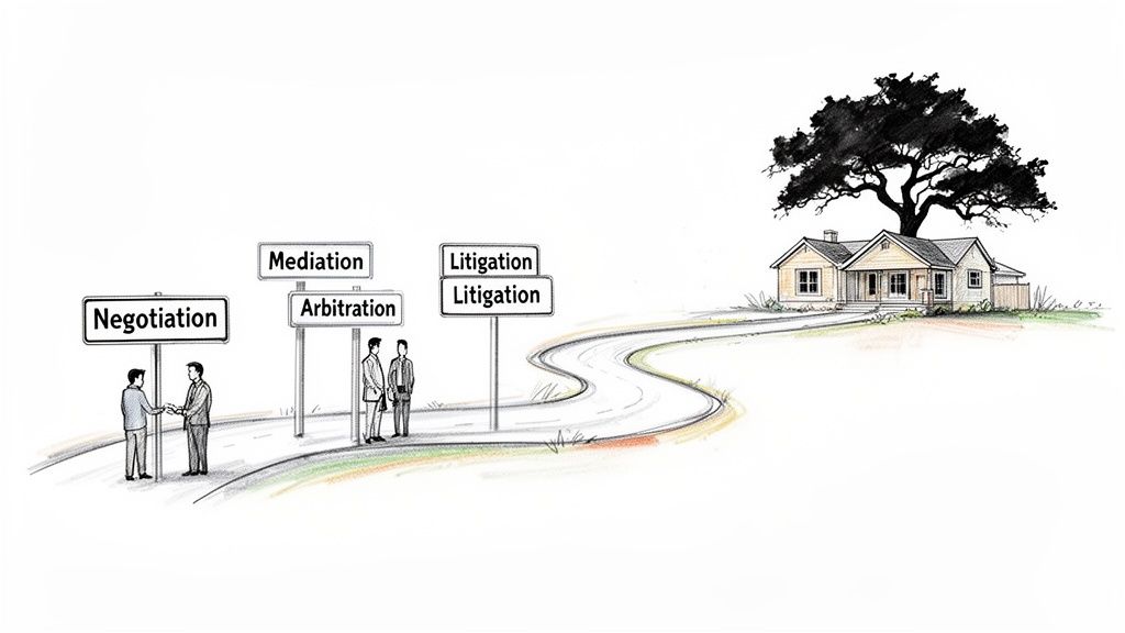Illustration showing different dispute resolution methods as a path leading to a house.