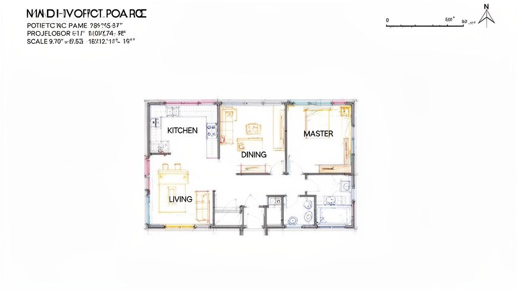 Detailed floor plan of a residence featuring kitchen, dining, living, and master bedroom areas, with scale and compass.
