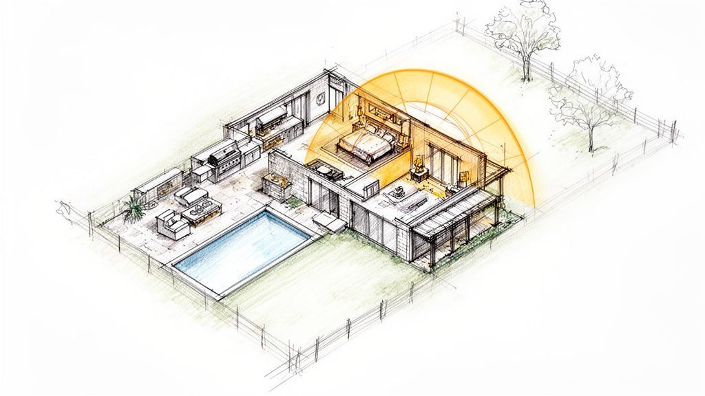 Hand-drawn architectural rendering of a modern home layout with a swimming pool and wireless signal.