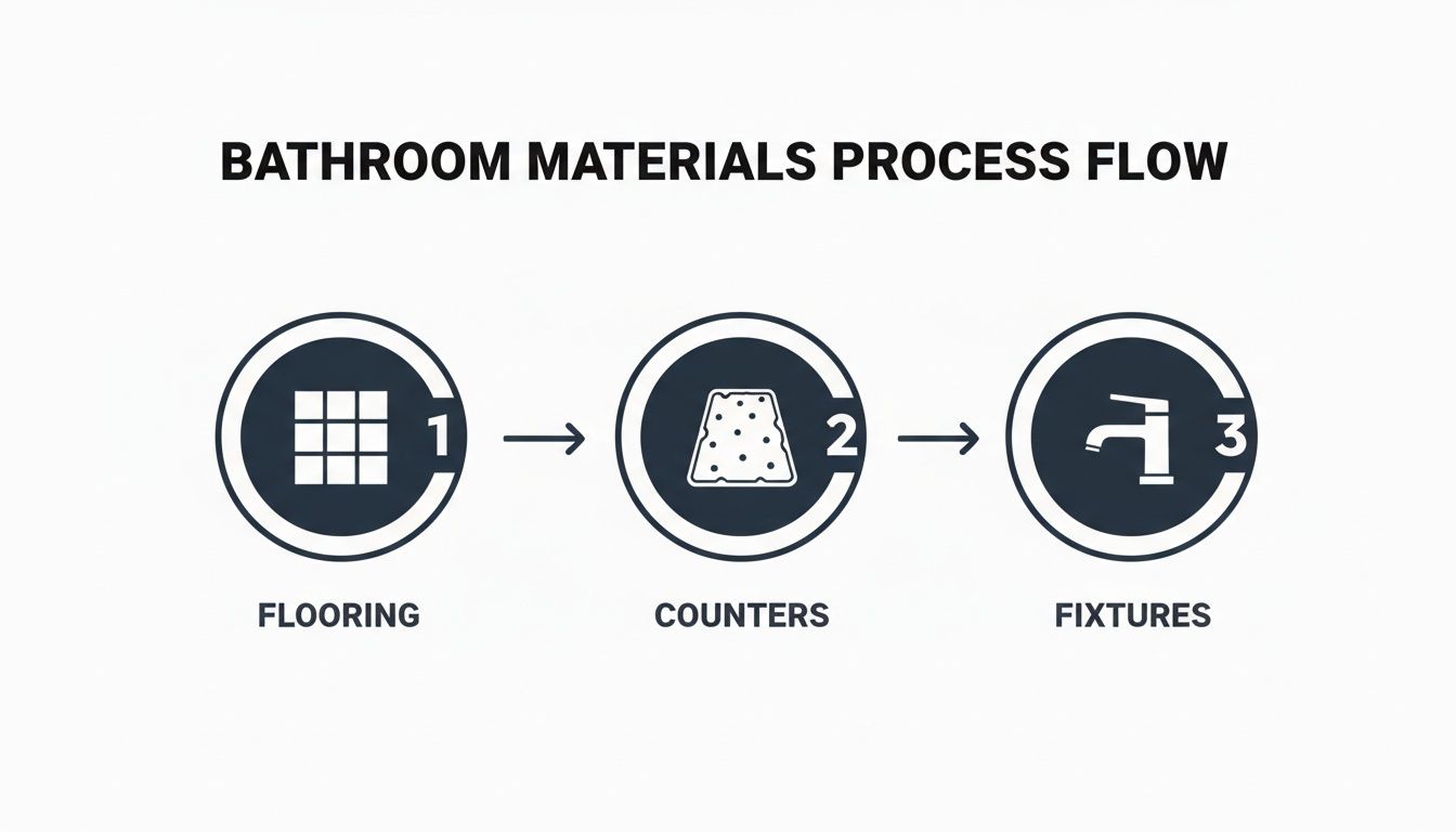 A process flow diagram illustrating the sequence for bathroom materials: flooring, counters, and fixtures.