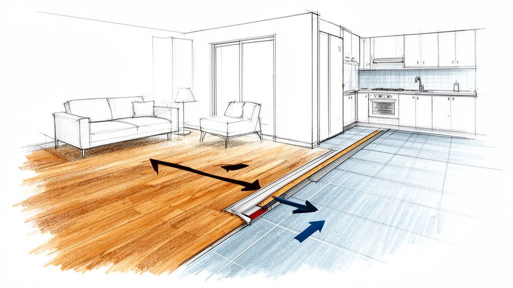 Sketch of an open-plan room with wood and tile flooring, showing a transition strip between them.