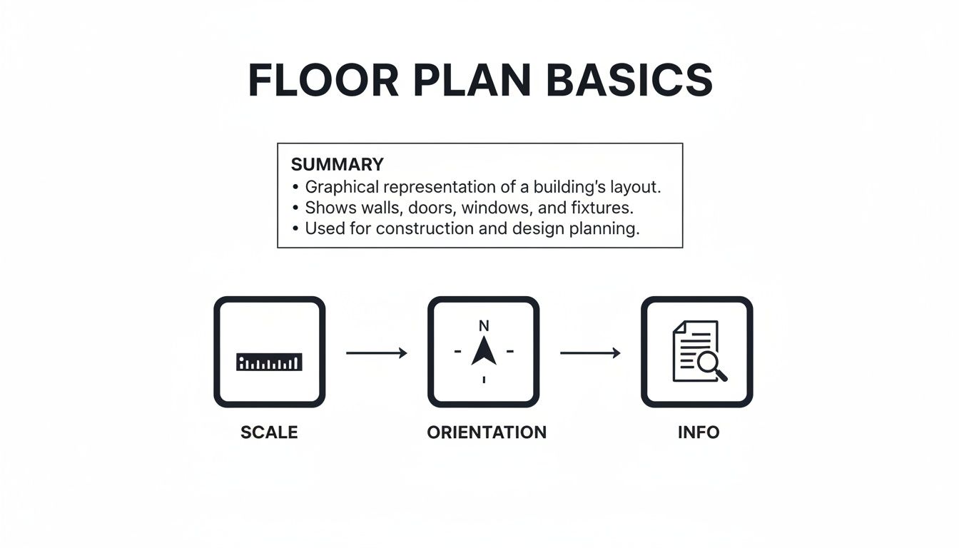 Diagram illustrating floor plan basics, showing summary, scale, orientation, and information elements.