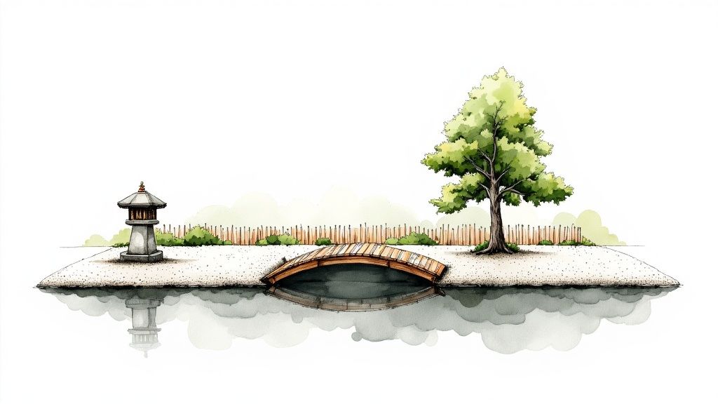 A serene watercolor illustration of a minimalist Japanese garden with a stone lantern, wooden bridge, and tree, reflected in water.