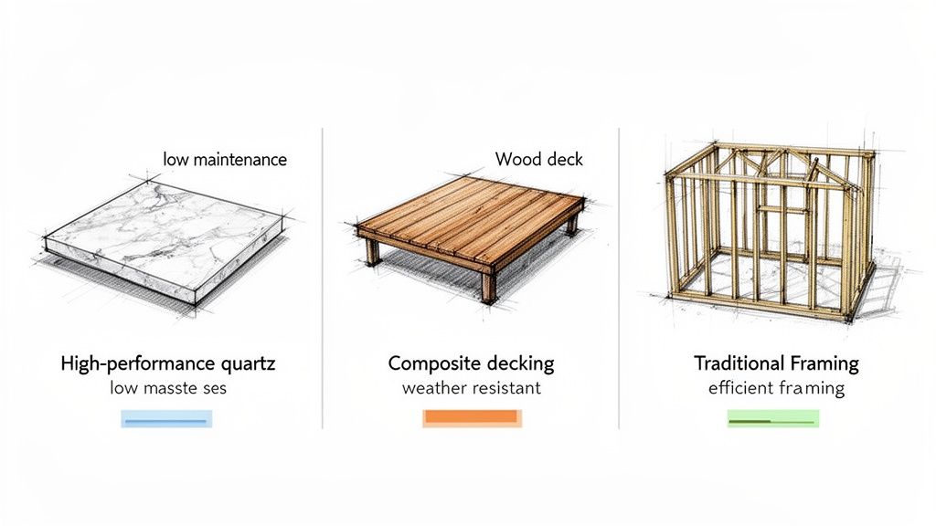 Illustrated examples of construction materials and methods: low-maintenance quartz, weather-resistant composite decking, and efficient traditional framing.