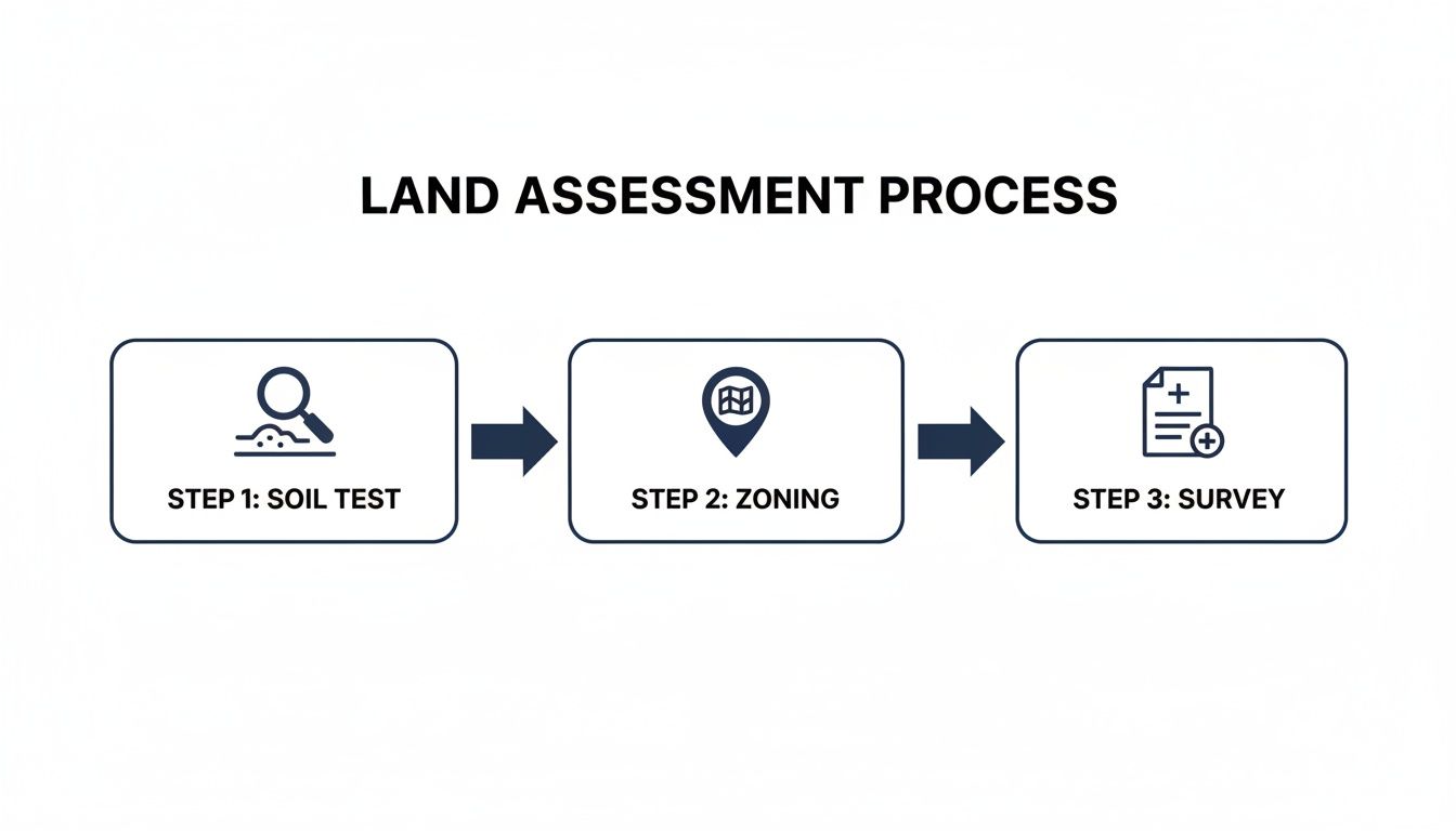A diagram illustrating the three steps of a land assessment process: soil test, zoning, and survey.