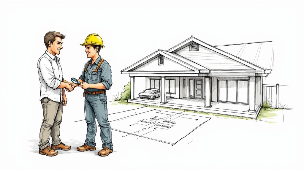 Homeowner and contractor discussing house renovation plans with blueprint near residential property