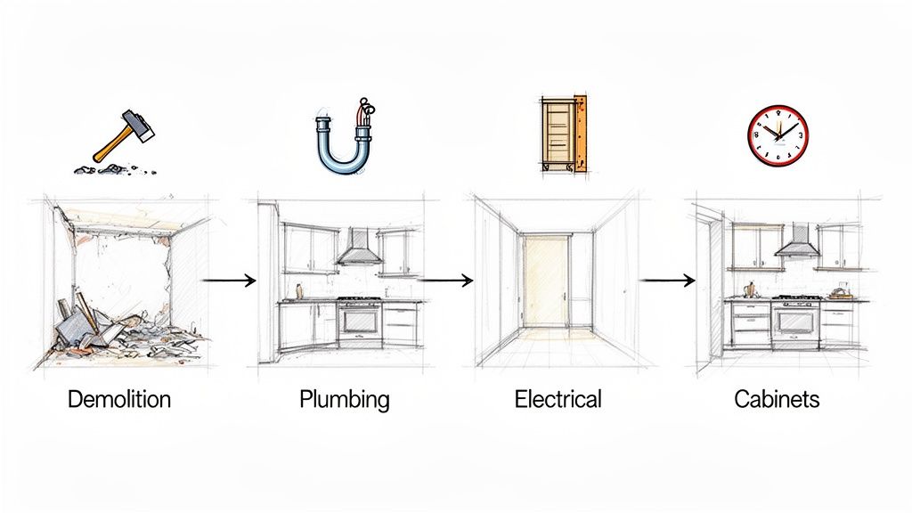 Stages of kitchen renovation: demolition, plumbing, electrical, and cabinet installation illustrated step-by-step.