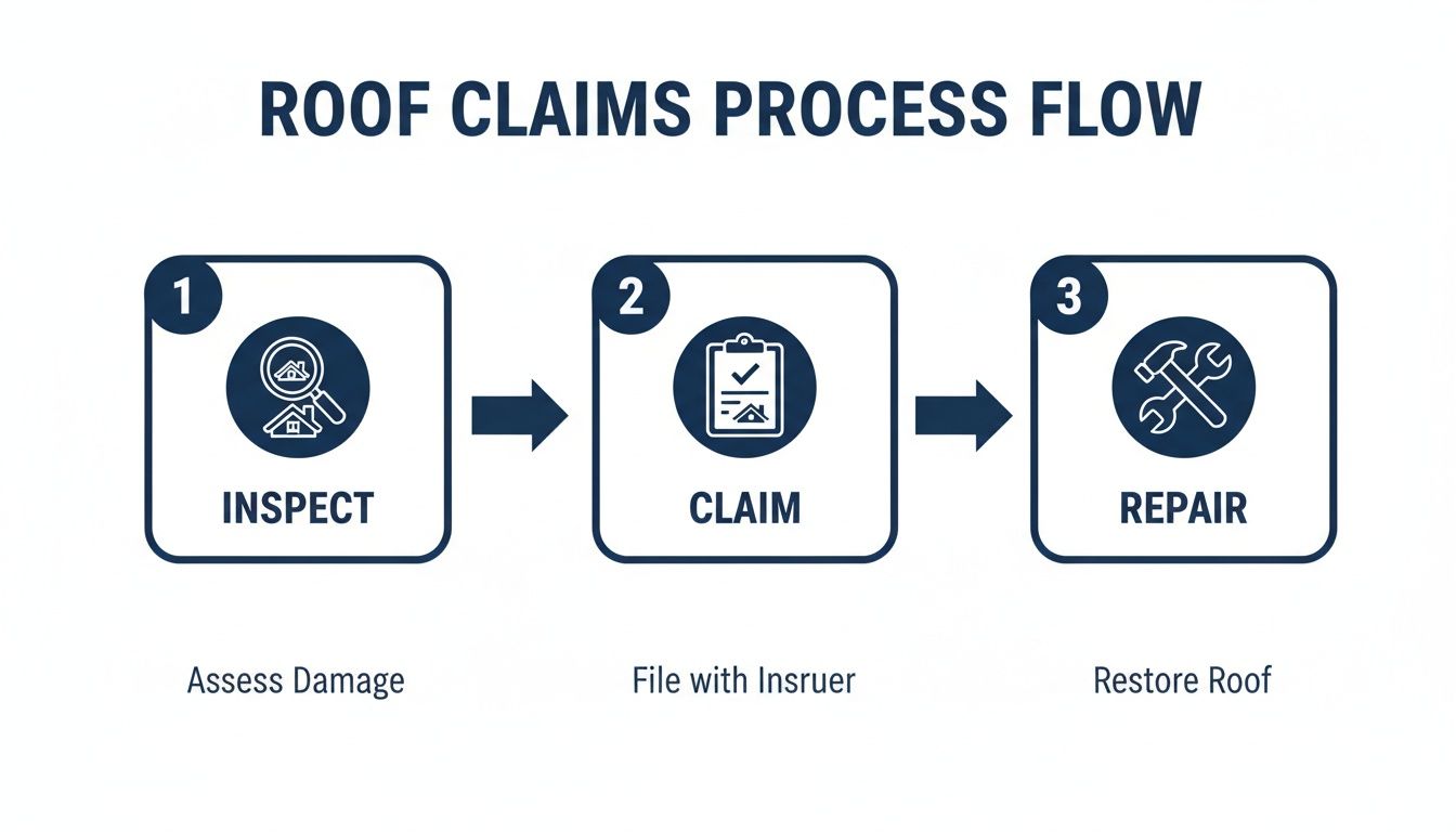 A roof claims process flow diagram showing three steps: Inspect, Claim, and Repair, with descriptions.
