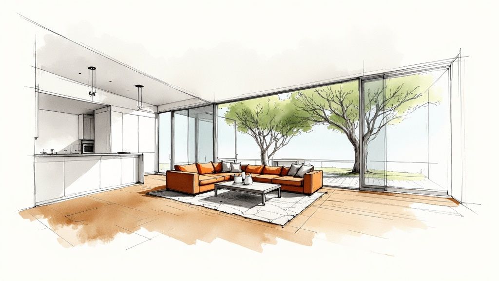 Modern open floor plan living room with glass walls, indoor trees, and orange sofas