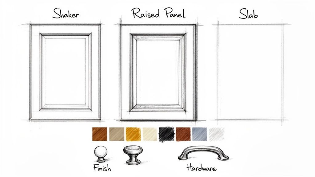 Illustrations of Shaker, Raised Panel, and Slab cabinet door styles with various finish swatches and hardware options.