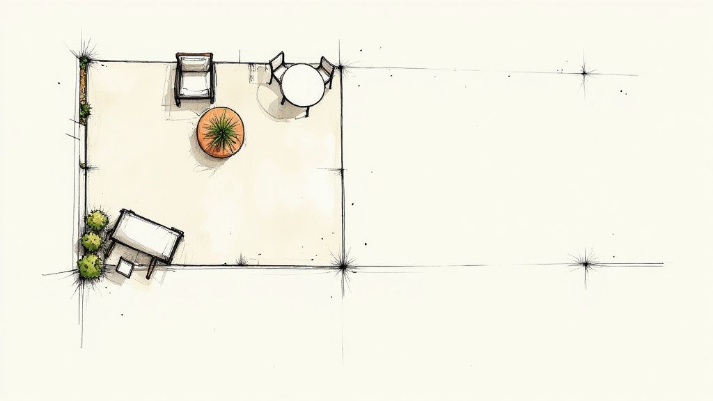 Top view architectural sketch of minimalist patio layout with furniture and potted plants
