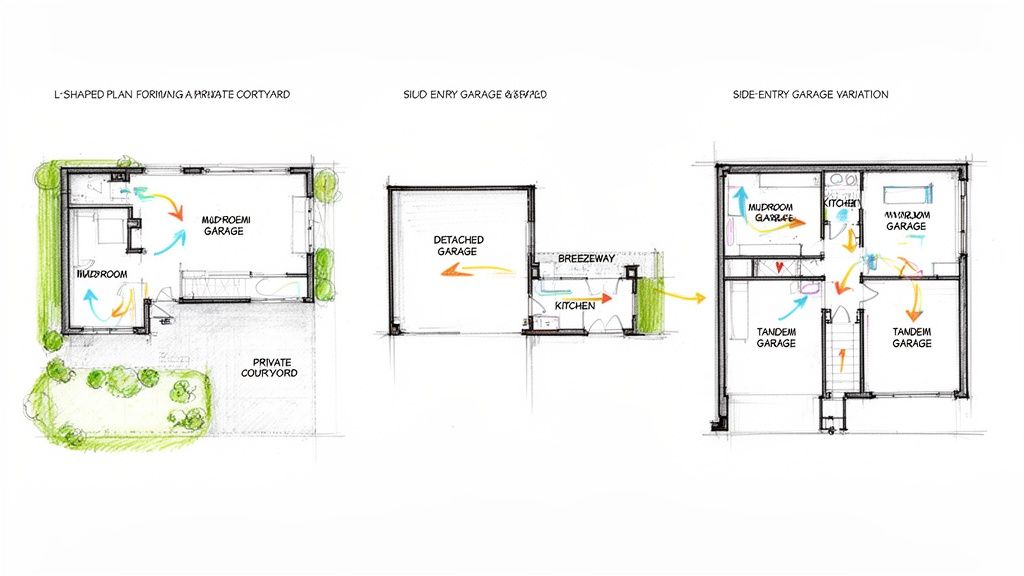 Architectural sketches depicting three side-entry garage house plans with mudrooms, breezeways, and courtyard layouts.