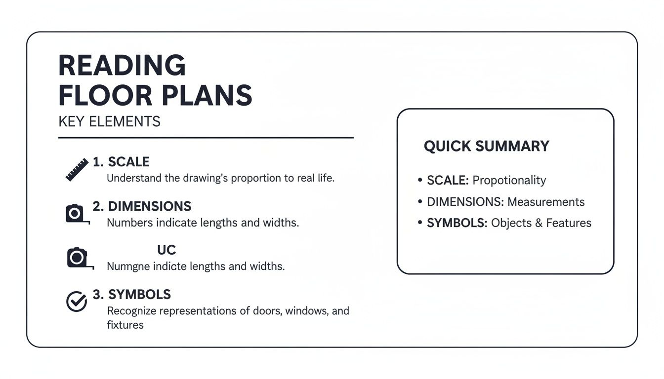 Infographic outlining key elements for reading floor plans: scale, dimensions, and symbols with definitions.