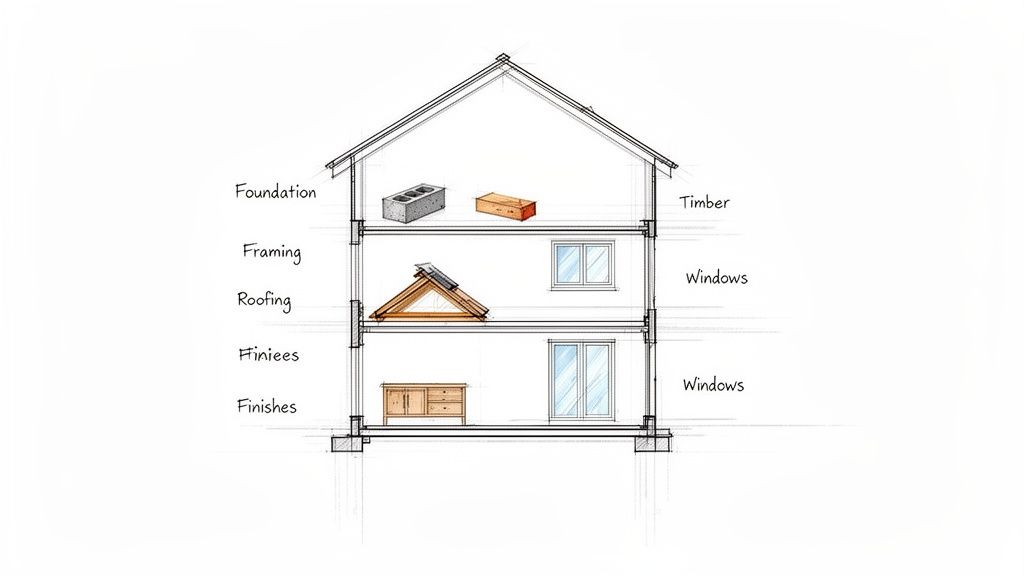 Detailed cross-section of a house illustrating various construction stages including foundation, framing, roofing, and finishes.