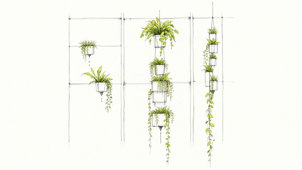 A minimalist sketch illustration showcasing various configurations of hanging green potted plants on a white background.