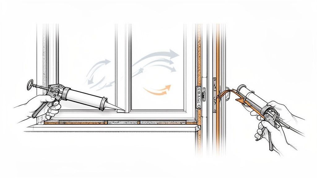 Hands using caulk guns to seal gaps in a window and door frame, preventing drafts.