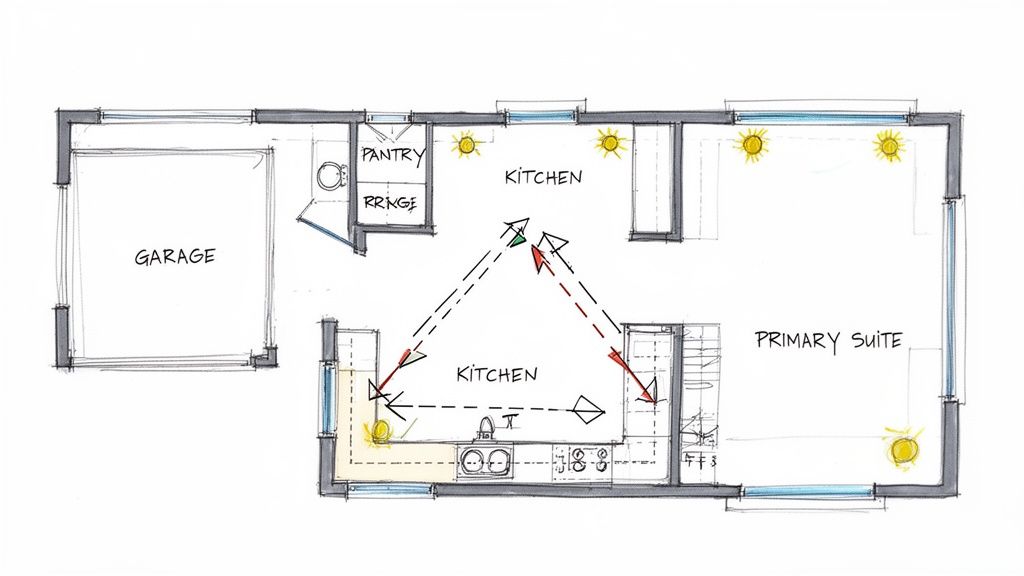 Hand-drawn floor plan illustrating a house layout with garage, kitchen, pantry, primary suite, and kitchen work triangle.