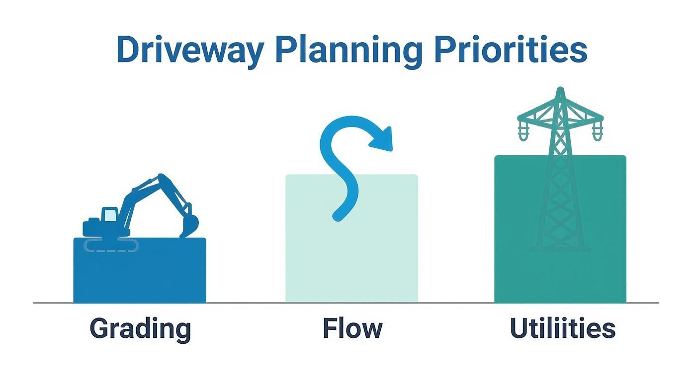 An infographic illustrating key driveway planning priorities: grading, flow, and utilities with corresponding icons.
